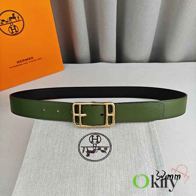 Okify Hermes Green And Black Belt With Silver/Gold Buckle 32mm 21890 - 1