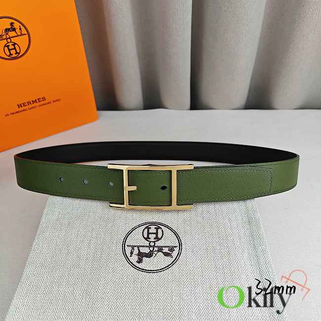 Okify Hermes Green And Black Belt With Silver/Gold Buckle 32mm 21891 - 1