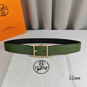 Okify Hermes Green And Black Belt With Silver/Gold Buckle 32mm 21891