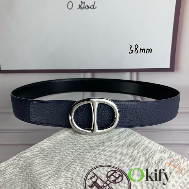 Okify Hermes Dark Blue And Black Belt With Black/Silver/Gold Buckle 38mm 21892 - 1