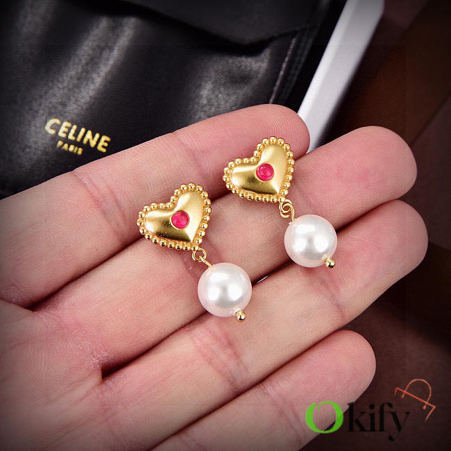Okify Celine Gold Heart Earrings With Pearl  - 1