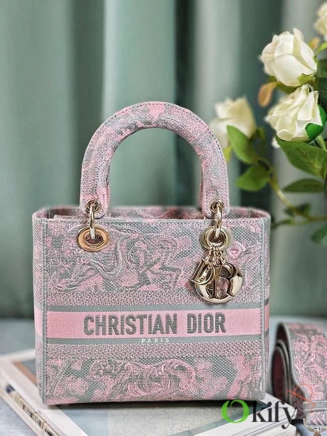Okify Dior Lady D-Lite Pink And Gray Bag 24cm - 1