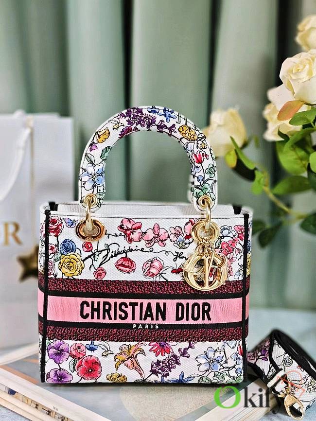 Okify Dior Lady D-Lite White Bag With Pink Tone Flowers 24x20x11cm - 1