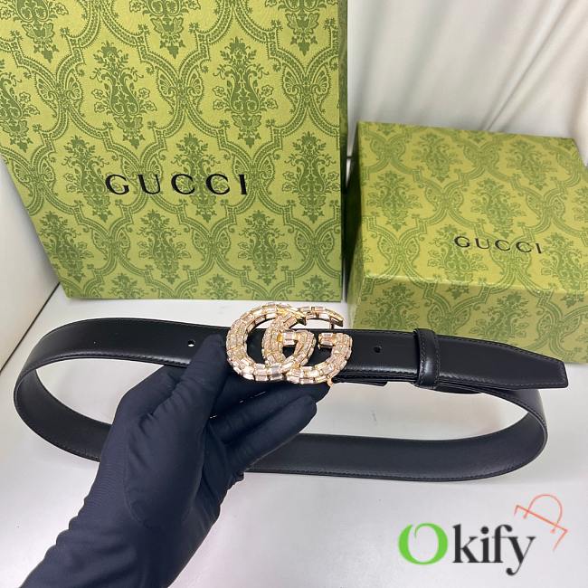 Okify Gucci Gold Crystal Buckle Black Belt 30mm - 1
