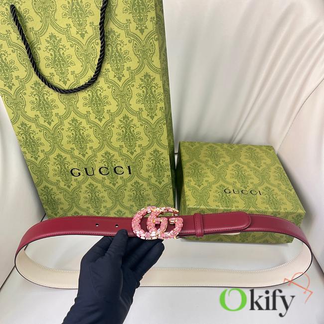 Okify Gucci Pink Crystal Buckle Red And White Belt 30mm - 1
