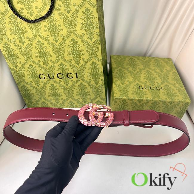Okify Gucci Pink Crystal Buckle Red Belt 30mm - 1