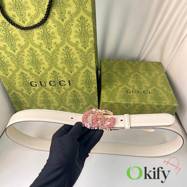Okify Gucci Pink Crystal Buckle White Belt 30mm - 1