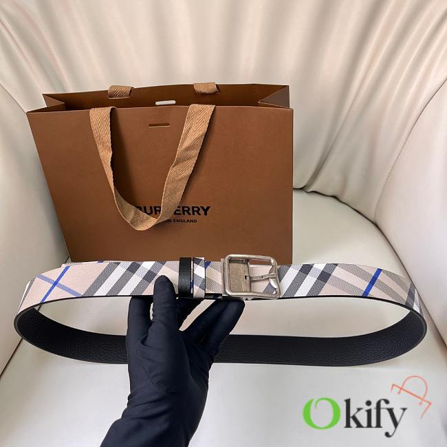 Okify Burberry Silver Buckle Blue Check Belt 35mm - 1