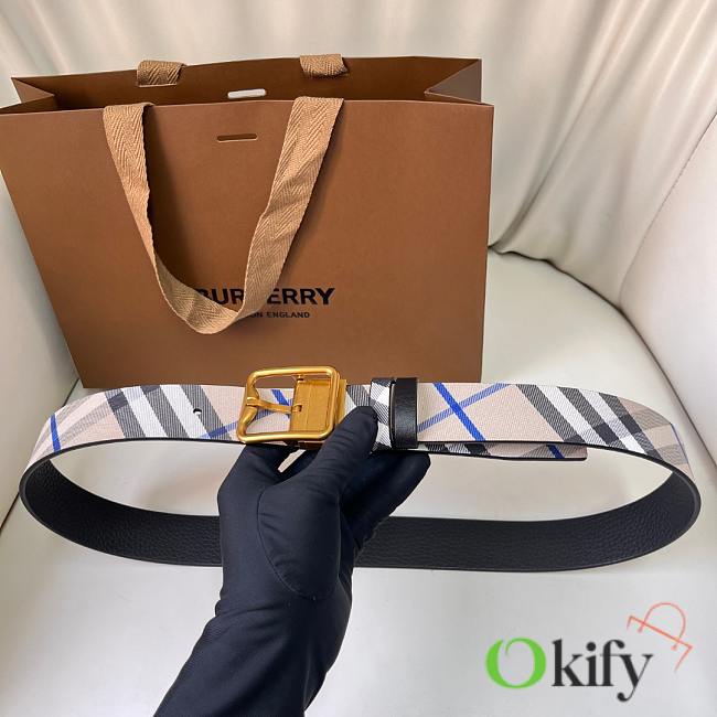 Okify Burberry Gold Buckle Blue Check Belt 35mm - 1