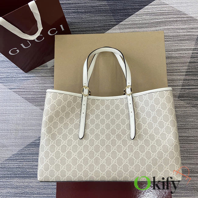 Okify Gucci Emblem Large Tote Bag In Beige And White 38x25x15cm - 1