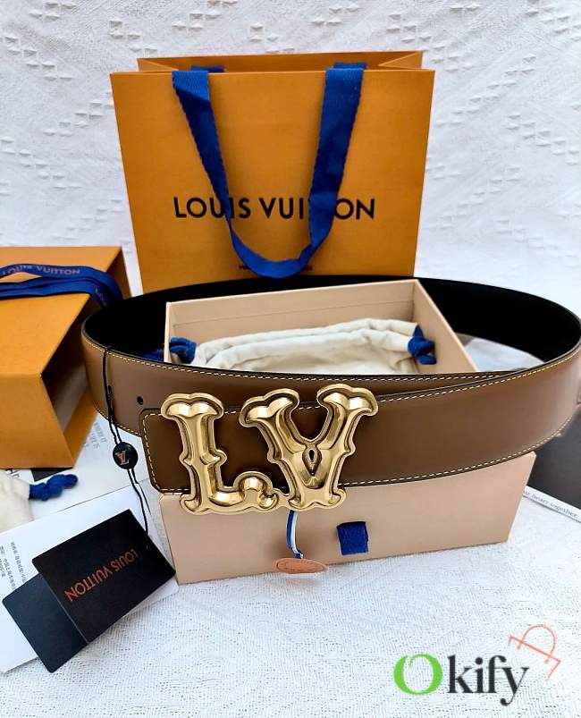 Okify Louis Vuitton Ranch Reversible Belt In Dark Brown And Black With Gold Buckle 40mm - 1