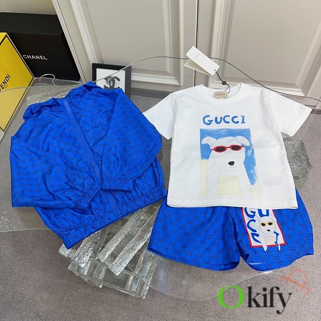 Okify Gucci Set Of Blue Dog Jacket, T-shirt And Shorts For Kids - 1