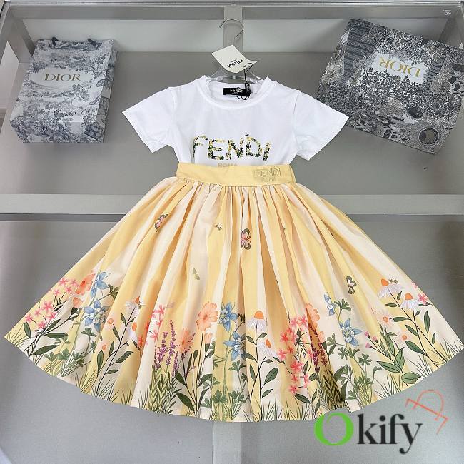 Okify Fendi Flower Dress In Yellow For Kids  - 1