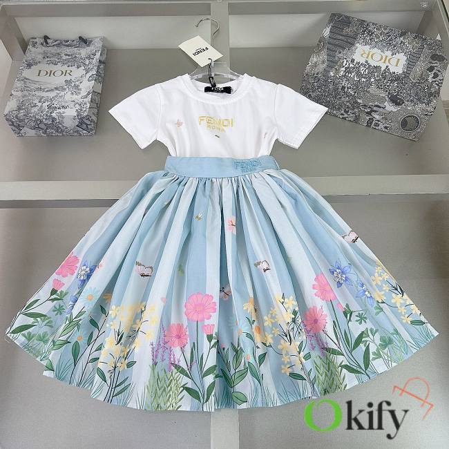 Okify Fendi Flower Dress In Blue For Kids  - 1