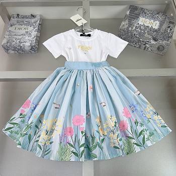Okify Fendi Flower Dress In Blue For Kids 