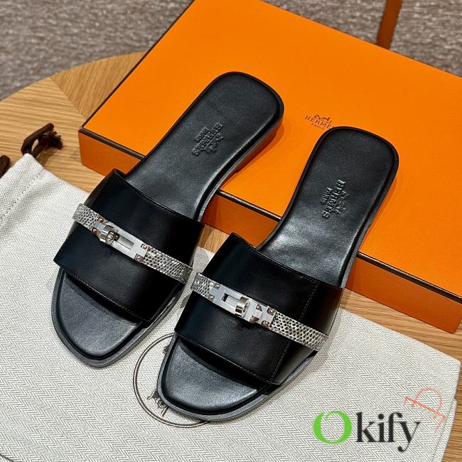 Okify Hermes Kelly Black Slides In Lizard EU34-41 - 1