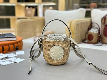 Okify Chloe Mini Horse Medal Basket Bag In White Natural Fibres 14x12.5x14cm