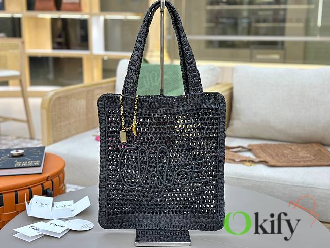 Okify Chloe Summer Banana Raffia Tote Bag In Black 33x37x2cm  - 1