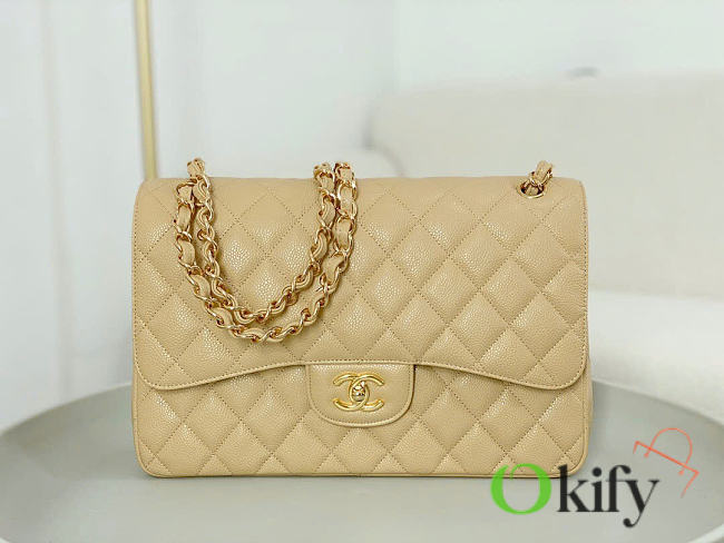 Okify CC Classic Caviar Flap Bag In Beige 30cm  - 1