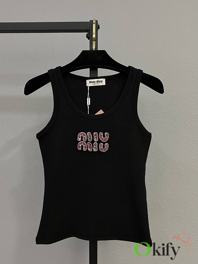 Okify MiuMiu Black Diamond Studded Letter Tank Top SML  - 1