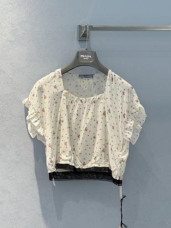 Okify Prada Lace Sleeve Floral Silk Patchwork Short-sleeved Top