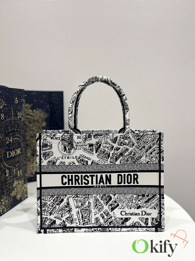 Okify Dior Medium Book Tote Plan De Paris Bag In White and Black 36x18x28cm - 1