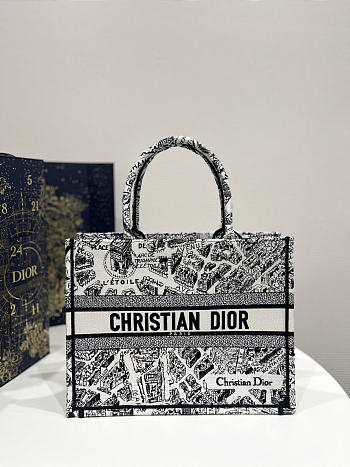 Okify Dior Medium Book Tote Plan De Paris Bag In White and Black 36x18x28cm