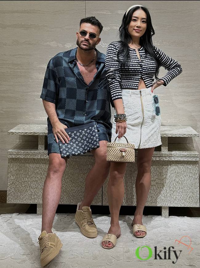 Okify Louis Vuitton Set Of Damier Blue Silk Shirt 1AHVXX And Shorts 1AHVT9 S-XL  - 1