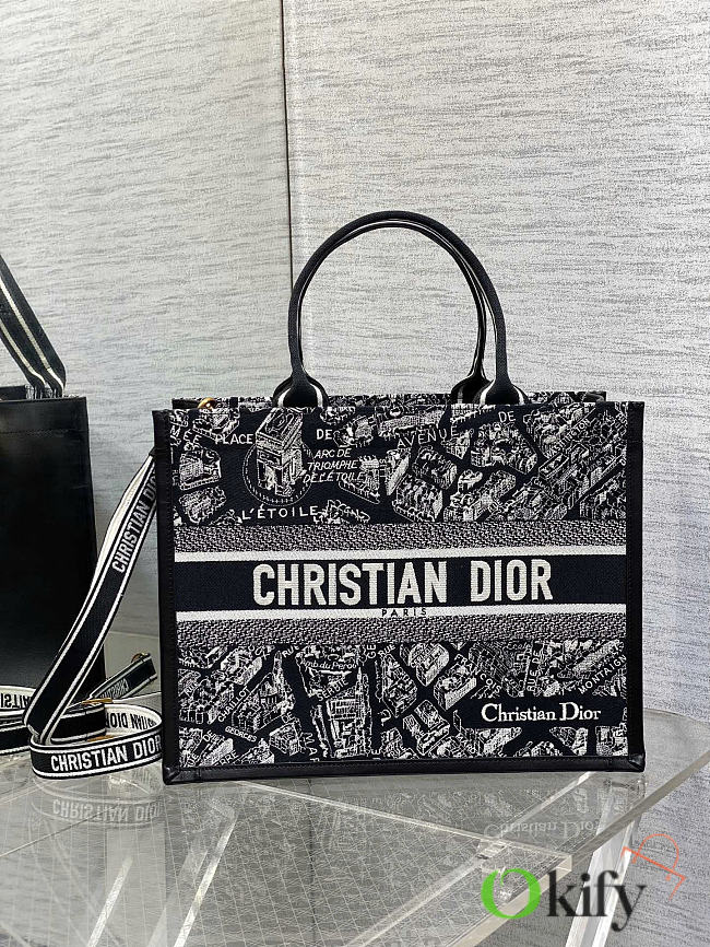 Okify Dior Medium Book Tote Plan De Paris Bag In Black and White 36x16x27cm - 1