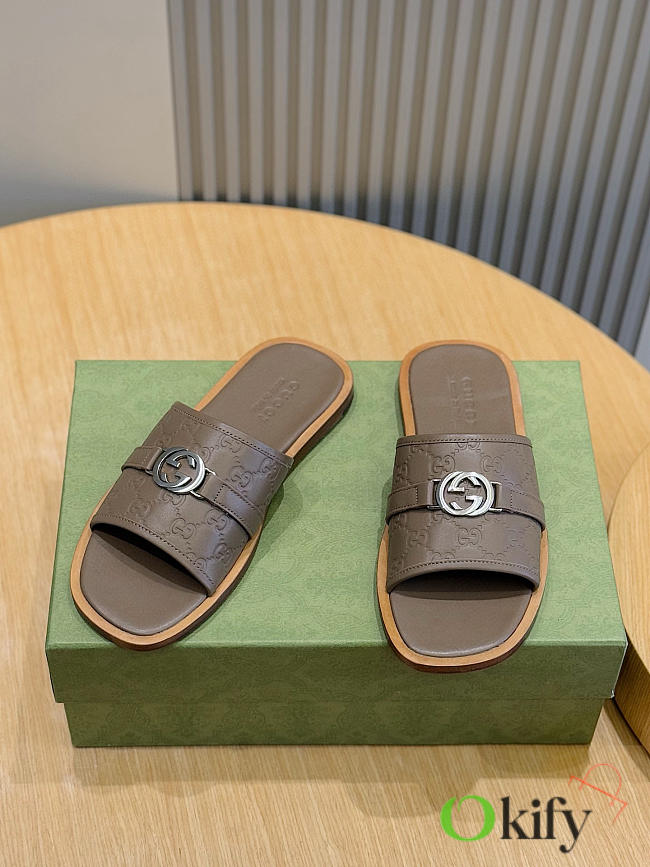 Okify Gucci Lido Light Brown Slides For Men EU38-45  - 1