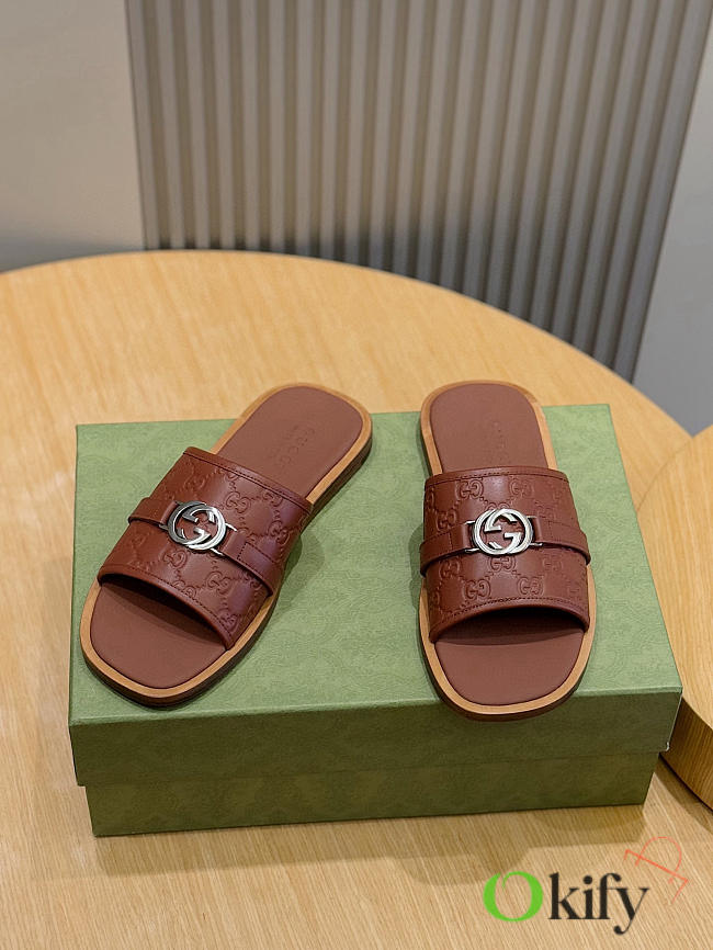 Okify Gucci Lido Brown Slides For Men EU38-45  - 1