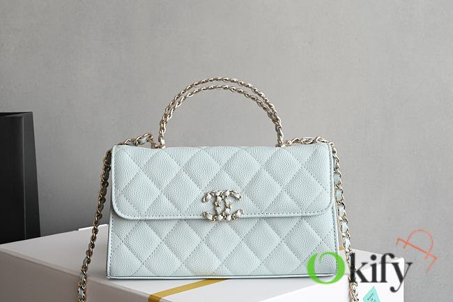 Okify CC Phone Holder With Chain Bag In Light Blue Calfskin 10x18x4.5cm  - 1