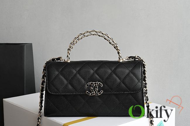 Okify CC Phone Holder With Chain Bag In Black Calfskin 10x18x4.5cm  - 1