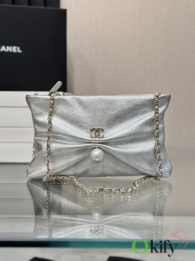 Okify CC Silver Clutch With Chain In Lambskin 14x24x5cm - 1