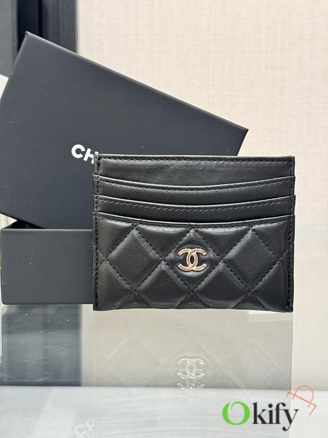 Okify CC Black Lambskin Card Holder With 3 Card Slots And Silver Hardware 10x11cm - 1