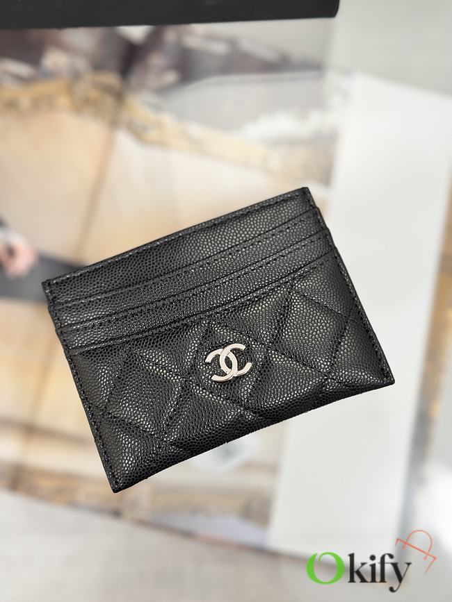 Okify CC Black Caviar Card Holder With 3 Card Slots And Silver Hardware 10x11cm - 1