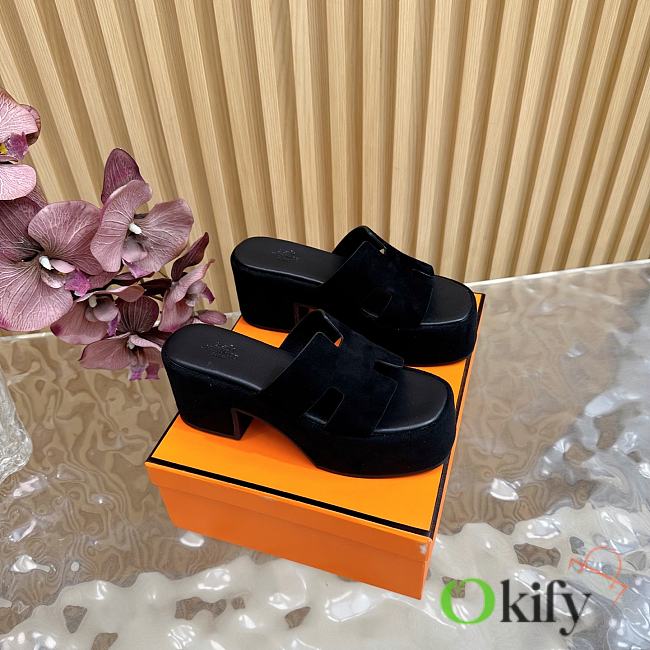 Okify Hermes Wedge Sandals In Black Sheepskin 7cm EU35-42 - 1