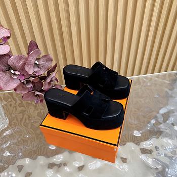 Okify Hermes Wedge Sandals In Black Sheepskin 7cm EU35-42