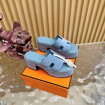 Okify Hermes Wedge Sandals In Blue Sheepskin 7cm EU35-42