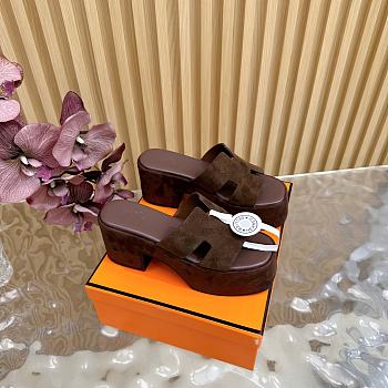 Okify Hermes Wedge Sandals In Dark Brown Sheepskin 7cm EU35-42
