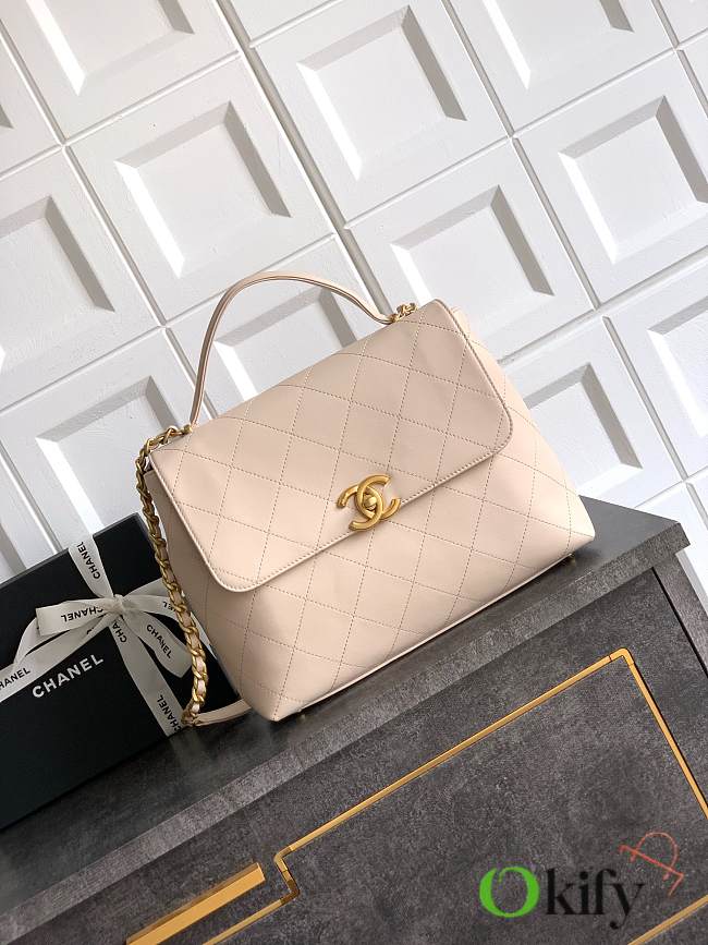 Okify CC Flap Bag With Top Handle In Beige 33cm  - 1