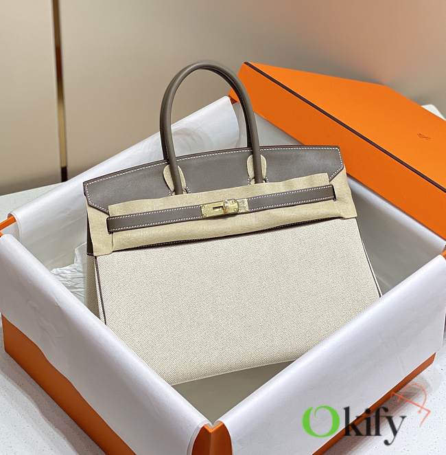 Okify Hermes Birkin 35 Bag In Gray Swift And White Canvas  - 1