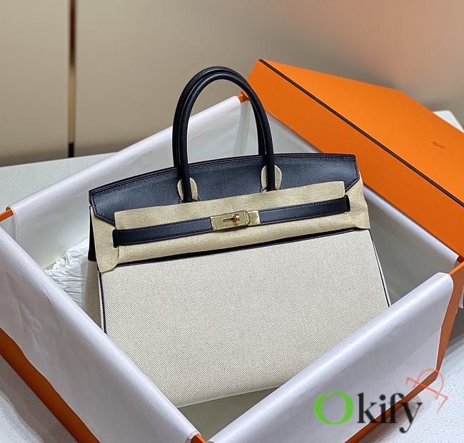 Okify Hermes Birkin 35 Bag In Black Swift And White Canvas  - 1
