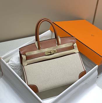 Okify Hermes Birkin 30 Bag In Golden Brown Swift And White Canvas 