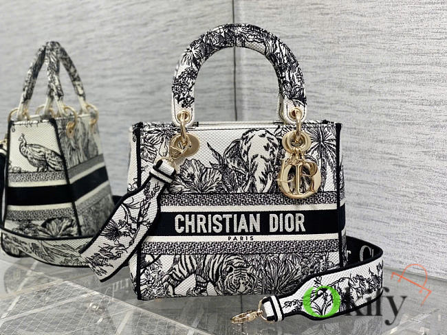Okify Dior Lady D-lite Bag In Black And White Flower 24x20x11cm - 1