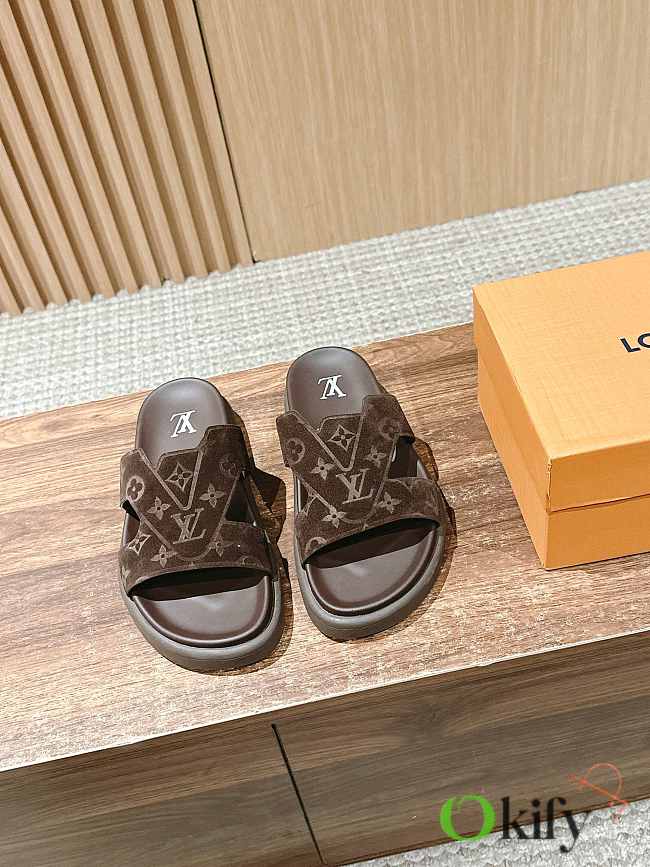Okify Louis Vuitton Dark Brown Suede Slides 24270 - 1