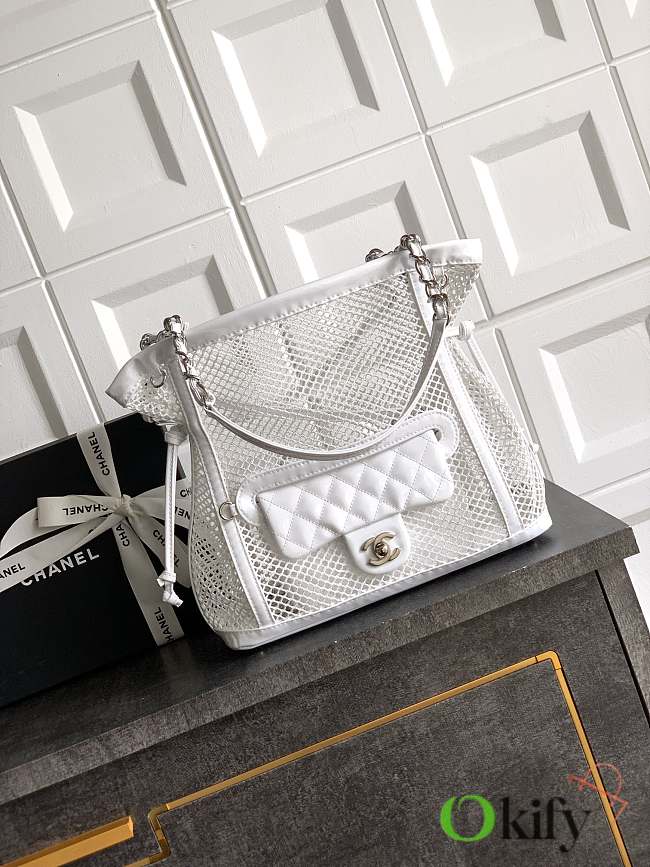 Okify CC Mesh Tote Bag With Flap Bag In White 26x28x9cm - 1