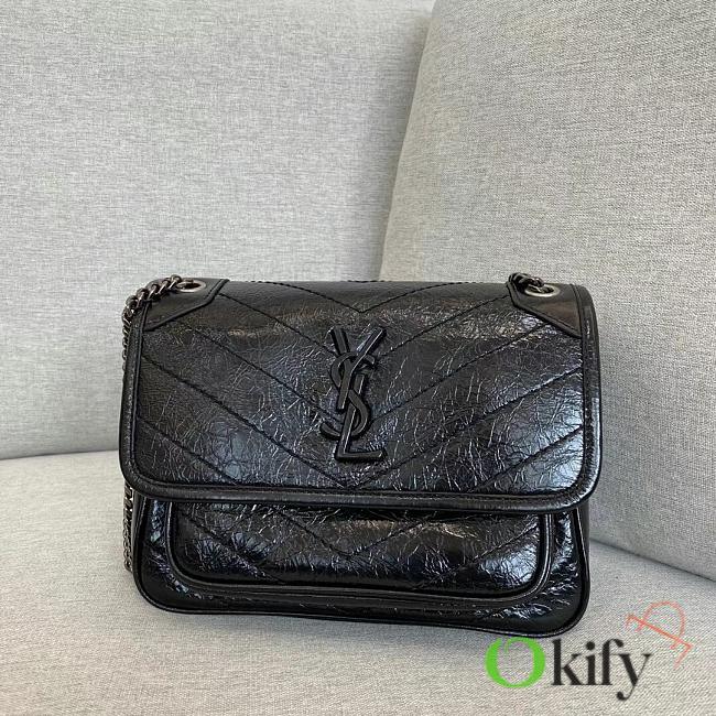 Okify YSL Niki Baby Bag In Black Vintage Leather With Silver Hardware 22x16x7cm - 1