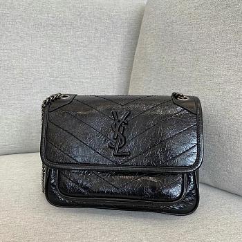 Okify YSL Niki Baby Bag In Black Vintage Leather With Silver Hardware 22x16x7cm