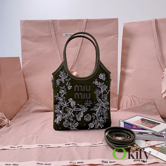 Okify MiuMiu Ivy Embroidered Gabardine Bag In Olive Green 20x24cm - 1